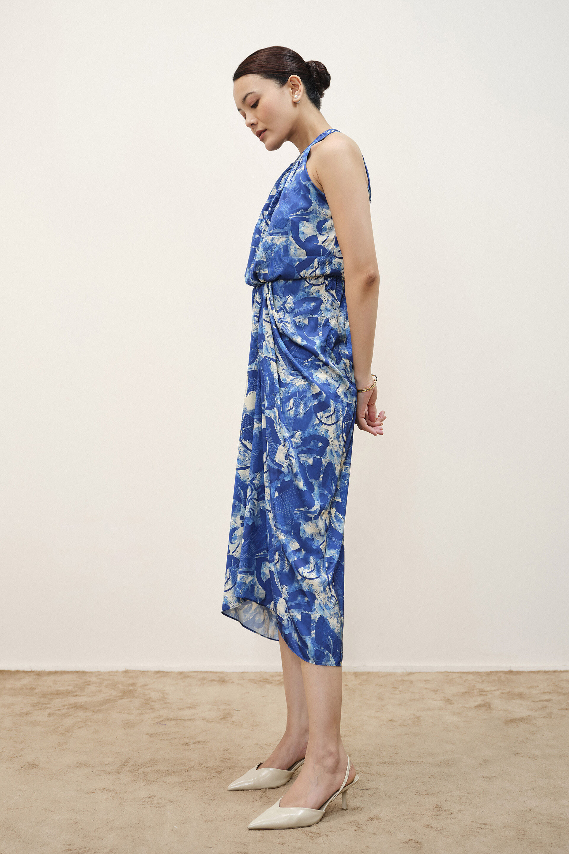 Blue Draped Halter Dress, Blue, image 4